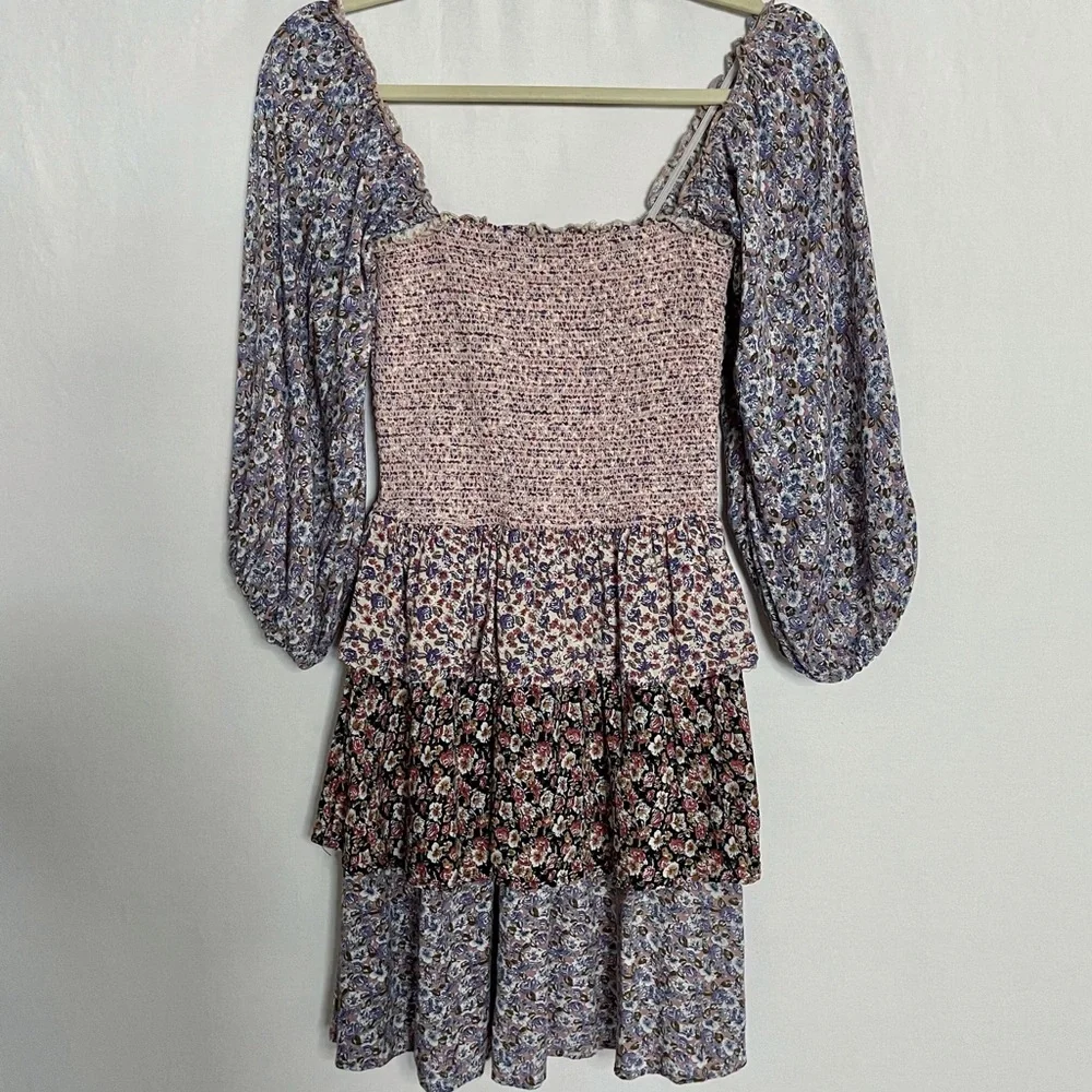 Storia Boho Smocked Chest Mixed Floral Print Tiered Peasant Mini Dress